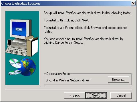 exe and the PrintServer Network driver Setup program window