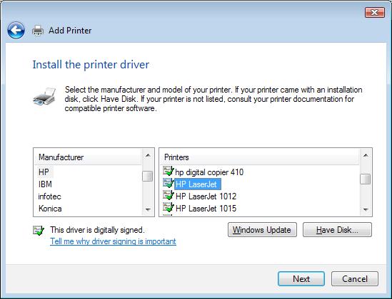 5. Select the printer manufacturer and the printer model and click Next.