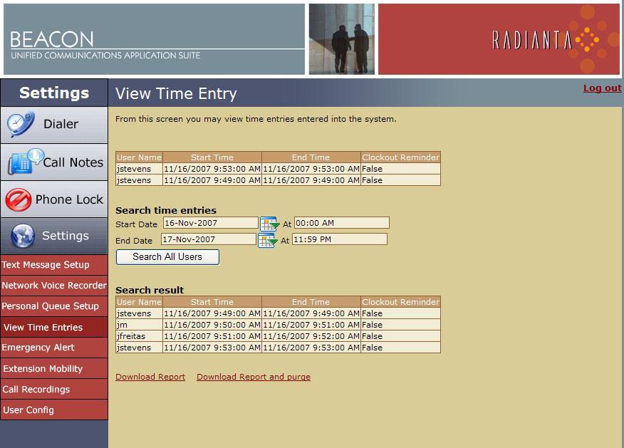Radianta Beacon Office Page 26 Personal time card tracking Administrator search and reporting functions Figure 36: Beacon Office Time Card Entries All of your personal time card entries appear at the