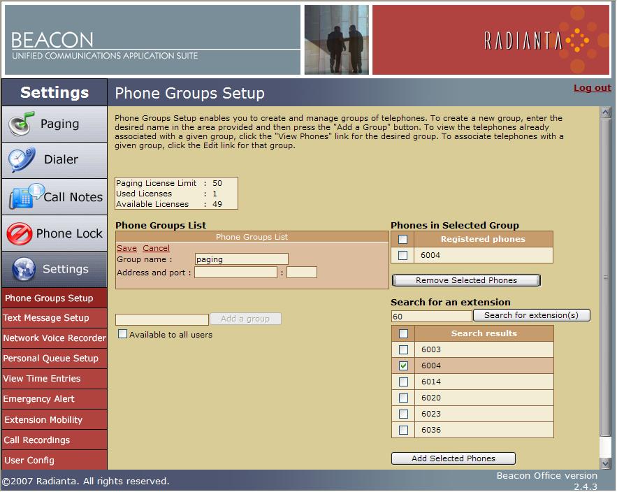 Radianta Beacon Office Page 27 Groups Setup on the Settings menu. Enter the name of the group you wish to create then click Add a group. The page should now look like figure 38.