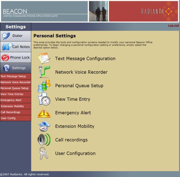 Radianta, Inc. Beacon Office Page 7 Right pane is used to configure or invoke all key Beacon Office web-based functions.