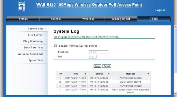 Chapter 6 Monitoring Tools System Log System log is used for recording events occurred on the LEVELONE 150MBPS WIRELESS POE AP, including station connection, disconnection, system reboot and etc.