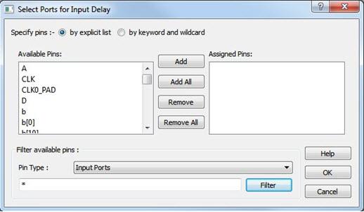 Figure 8 Select Ports for Input Delay Dialog Box There is only 1 Pin Type available for Input Delay: Input Ports. Clock Name Specifies the clock reference to which the specified input delay is based.
