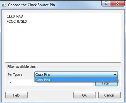 Figure 34 Choose the Clock Source Pin Dialog Box The only choice available for Pin Type is Clock Pins.