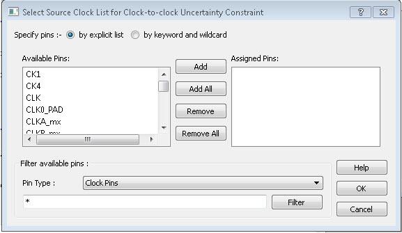 Figure 36 Select Source Clock List for Clock-to-Clock Uncertainty Dialog Box Edge To Clock The Pin Type selection is for Clock Pins only.