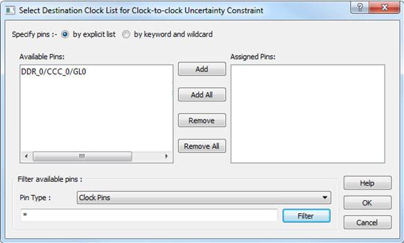 remove_clock_groups Select Destination Clock for Clock-to-clock Uncertainty Constraint Dialog Box By Explicit List This dialog box opens when you select the browse button for Destination/To Clock for
