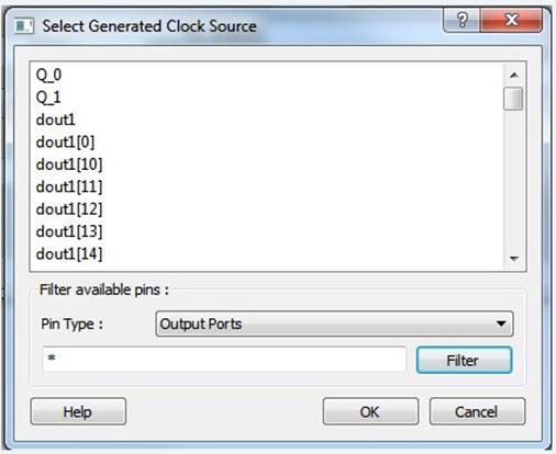 Figure 46 Selected Generated Clock Source Dialog Box Filter Available Pins Explicit clock pins for the design is the default value.
