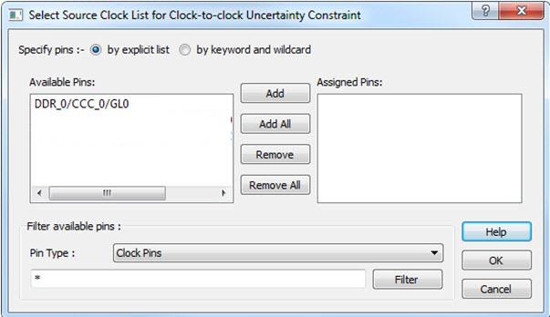 Available Pins Figure 49 Select Source Clock List for Clock-to-Clock Uncertainty Constraint Dialog Box By Explicit List The list box displays the available Clock Pins.