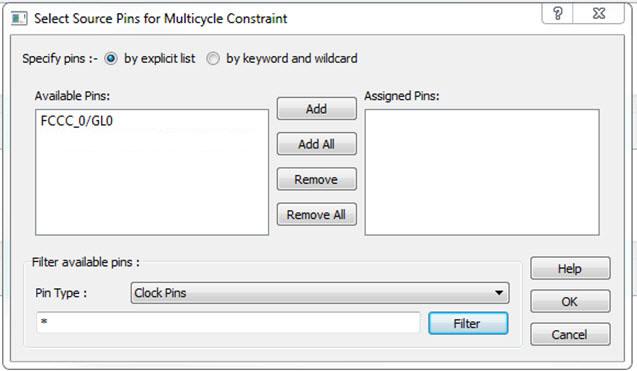Available Pins Filter Available Pins Filter Figure 51 Select Source Pins for Multicycle Constraint Dialog Box (specify by explicit list) The list box displays the available pins.