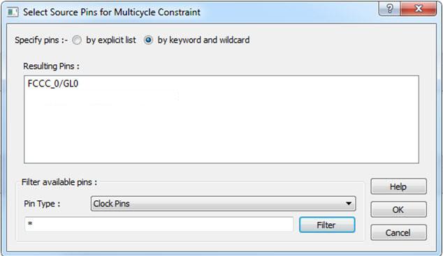 Pin Type Filter Resulting Pins Figure 52 Select Source Pins for Multicycle Constraint Dialog Box (specified by keyword and wildcard) Specifies the filter on the available pins.
