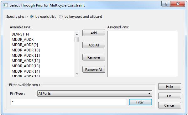 Figure 54 Select Through Pins for Multicycle Path Constraint Dialog Box By Explicit List Available Pins The list box displays the available Pins.