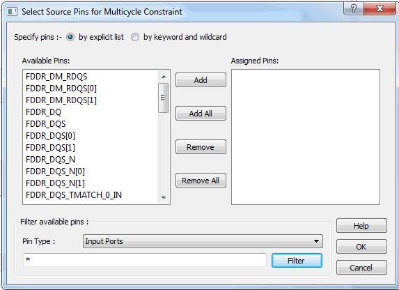 Figure 62 Select Source Pins for Multicycle Constraint 4. Select by explicit list. (Alternatively, you can select by keyword and wildcard.