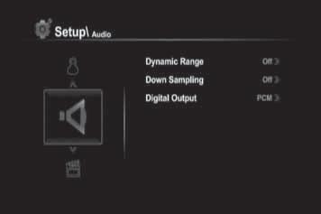 Player Configuration via System Menu Audio setup The Audio Setup Menu allows you to change the audio Settings. Dynamic Range Select on or off to control Dynamic Range.