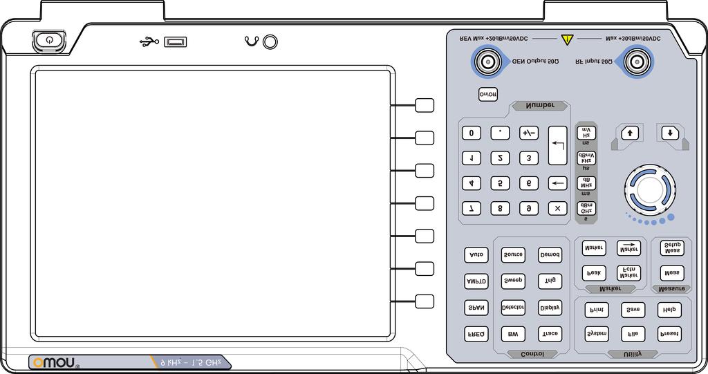 4. Quick Start 4.Quick Start This chapter introduces the front / rear panel, the user interface and explains how to use the instrument with a measurement example demonstration. 4.1 Front Panel 1 2 3 4 5 13 12 11 10 Figure 4-1 Front panel 9 8 7 6 NO.