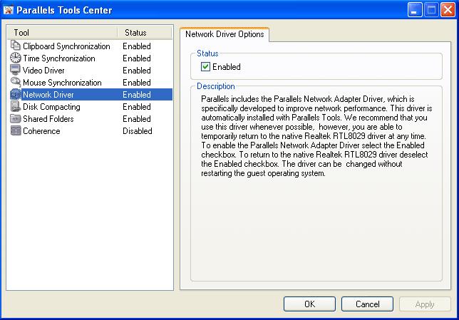 Running Virtual Machine 121 Network Driver Options Status: Enabled check box shows the current status of the Parallels Network Adapter Driver.