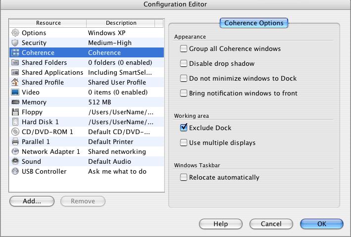 166 Parallels Desktop for Mac User Guide Coherence Options The Coherence Options tab of Configuration Editor allows you to configure the Coherence options for Windows 2000/XP/2003/Vista guest OSes