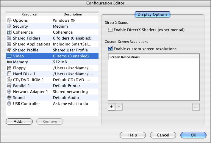 172 Parallels Desktop for Mac User Guide Video Options The Video Options tab of Configuration Editor lets you set different fixed screen resolutions for the virtual machine and enable accelerated