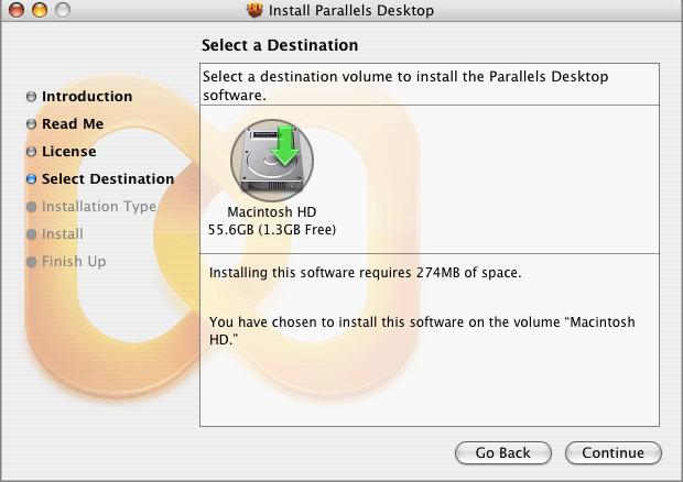 Installing Parallels Desktop 27 4 In the Select a Destination window, select the hard disk where to install Parallels Desktop.