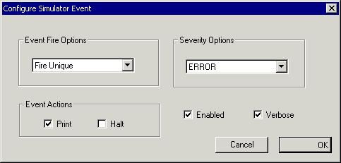 Simulator Options Currently, two choices are available: Shadow Write SIMD FIFO The Configure Simulator Event dialog box (Figure 4-9) appears.