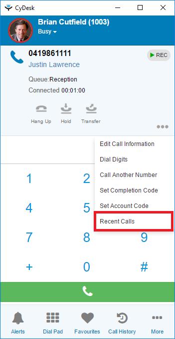 Recent Calls (as distinct from Call History) This page displays the information about every incoming, outgoing and missed calls associated