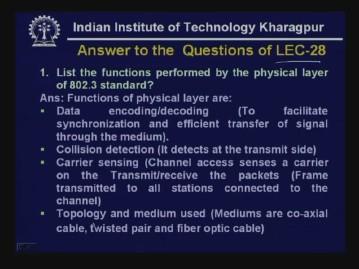 (Refer Slide Time: 54:40) 1) List the functions performed by the physical layer of 802.3 standard?