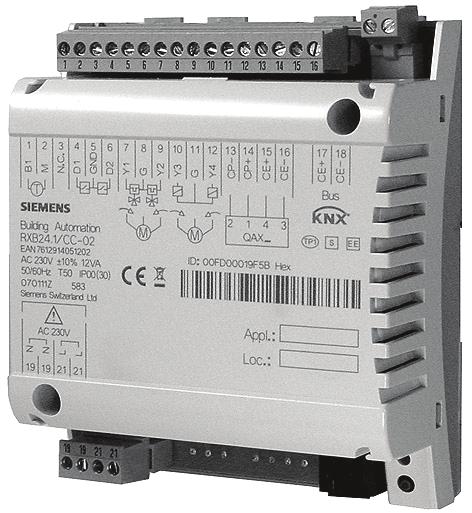 s 3 874 RXB Room controller For chilled ceiling and radiator applications CC-02 with Konnex bus communications (S-mode and LTE mode) RXB24.1 The RXB24.