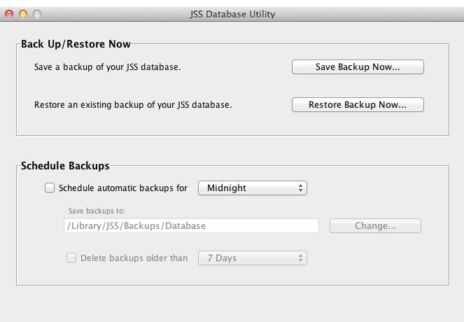 Open the JSS Database Utility. 5. Restoring Database Backups If you need to revert to an earlier version of your database, you can restore a database backup.
