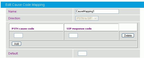Configuration Name Direction PSTN Cause Code SIP Response Code Default Enter a name to easily identify the cause code mapping table.