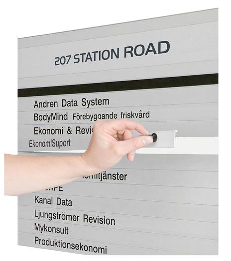 5 mm flat sign system with a modern design. With the help of a suction cup, replaceable paper and plastic inserts are easily released from sign rows, and information updated.
