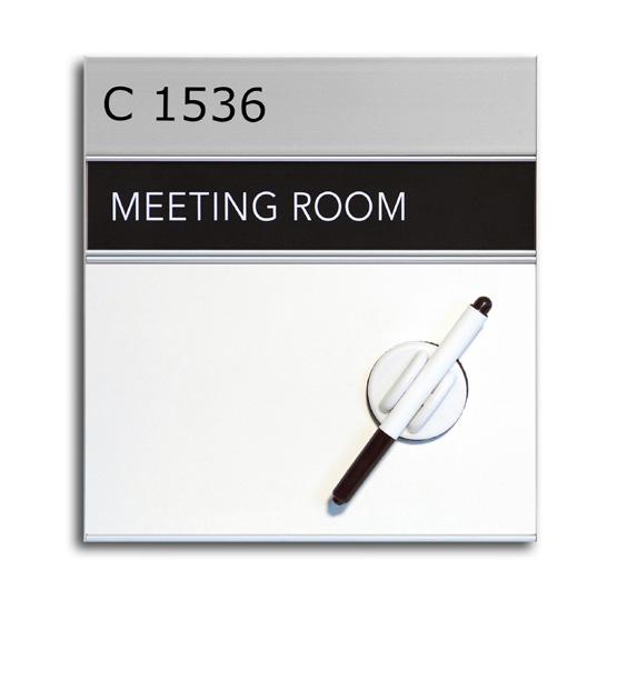 Sign header with text application, sign row with replaceable printed insert and Whiteboard with marker and