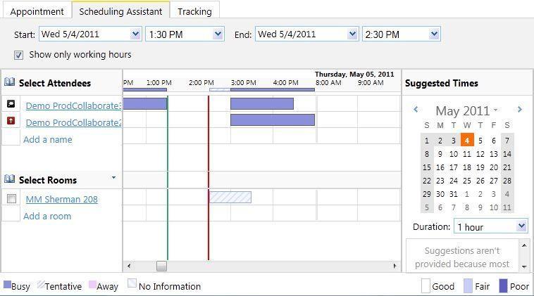 Using the Scheduling Assistant The Scheduling Assistant allows you to check the availability of people and resources, displaying Free/Busy indicators for blocks of time throughout the day. 1.