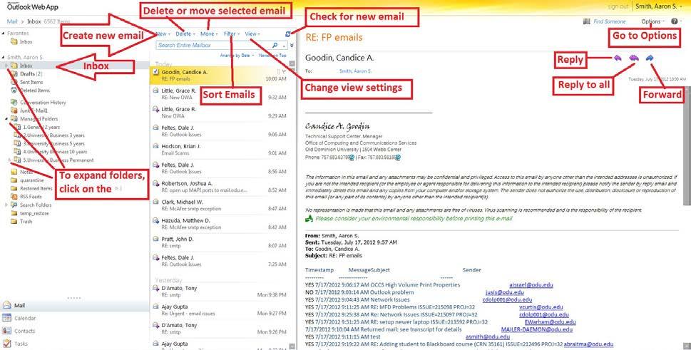 OWA Mail Screen The Mail view is your main point of entry for creating new emails, checking for new