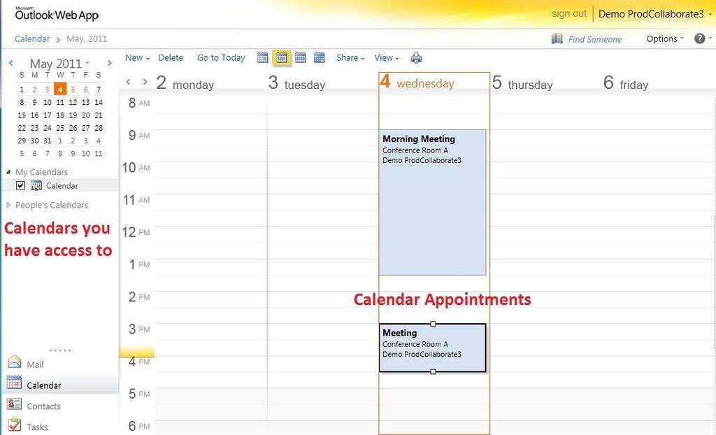 OWA Calendar Customize OWA Calendar View OWA has four views you can use to display your schedule and appointments: Day View Displays a