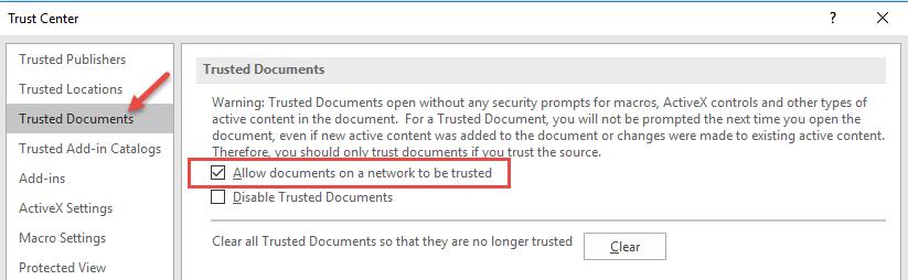 7. Select Trusted Documents and verify that ONLY the