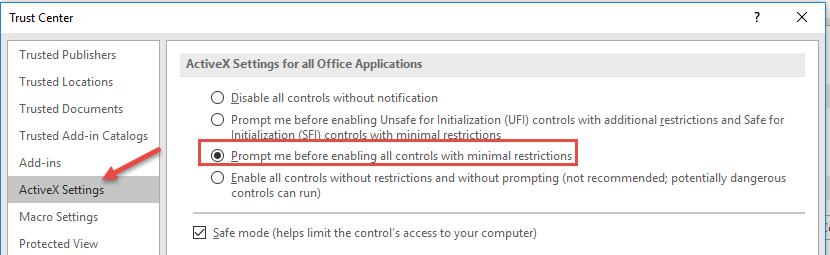 Select ActiveX Settings and verify that ONLY the