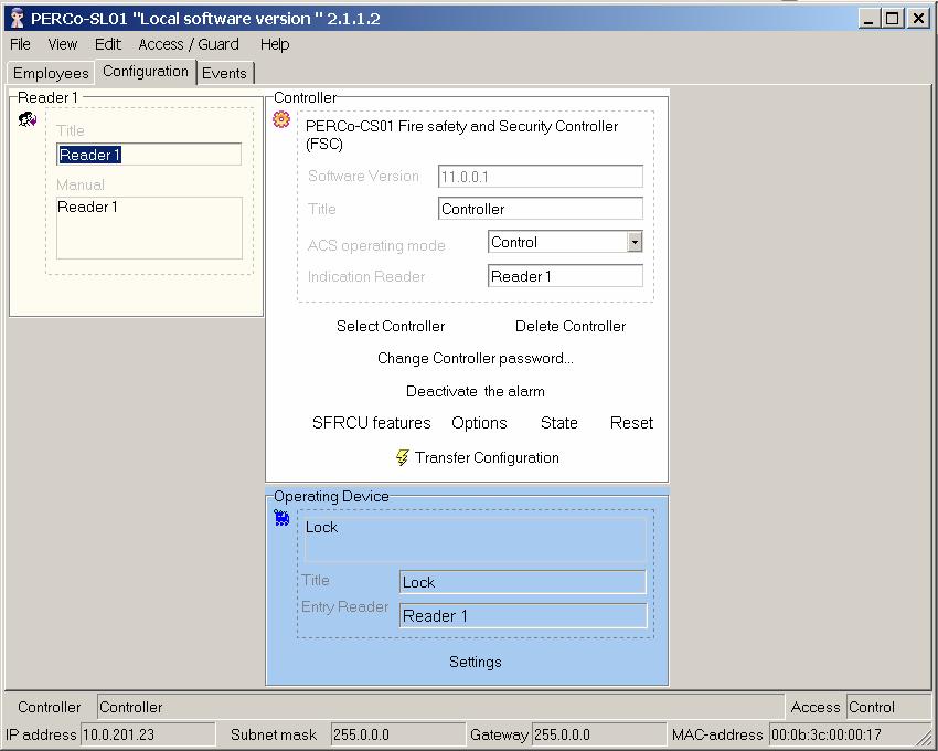 2 1 3 4 Fig.2. Configuration section work window 1. The top of the window contains the Main menu. Use the Access menu for section configuration of the access cards rights. 2.