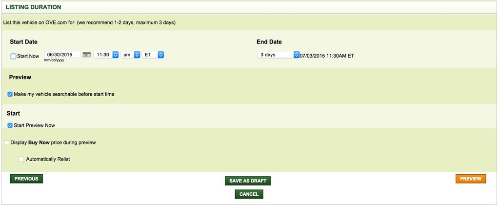 Step 5: Add Price Preview: Check Make my vehicle searchable before start time to allow pre-sale view Check