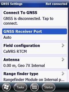 To set-up the GNSS receiver: 1. Tap the GNSS off status text at the top-right corner of the screen. The GNSS Settings page appears: 2.