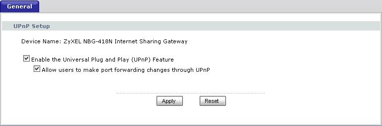Chapter 14 Universal Plug-and-Play (UPnP) All UPnP-enabled devices may communicate freely with each other without additional configuration. Disable UPnP if this is not your intention. 14.3 Configuring UPnP Use this screen to enable UPnP.