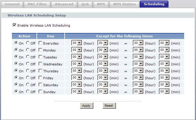 Chapter 6 Wireless LAN 6.10 Scheduling Screen Use this screen to set the times your wireless LAN is turned on and off. Wireless LAN scheduling is disabled by default.