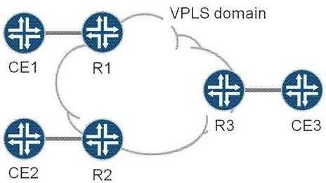 CE1, CE2, and CE3 are part of a single VPLS VPN. R1, R2, and R3 are PEs in the provider network, and have just been powered on.