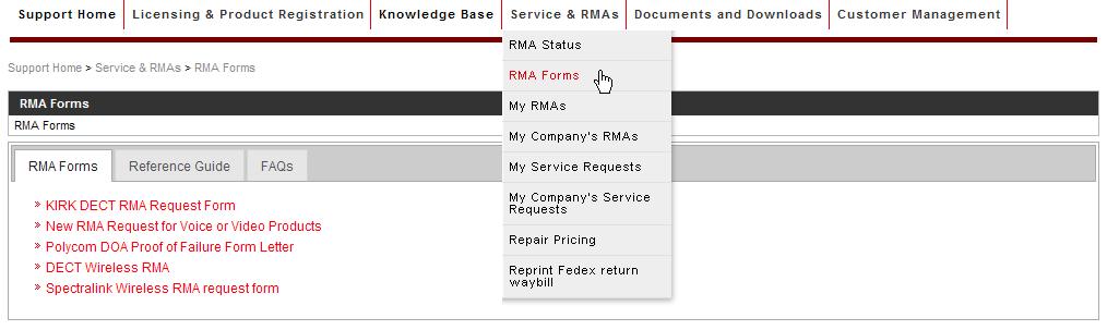 RMA Creation Forms Select the RMA form based on