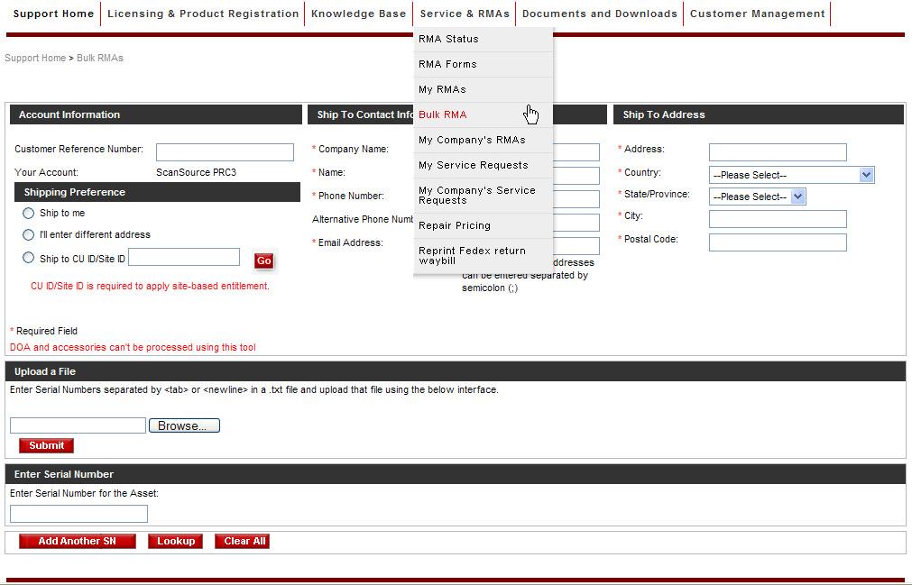 Bulk RMA This functionality can t be used to RMA DOA and product accessories Enter Site ID to apply entitlements for wireless products Either upload a