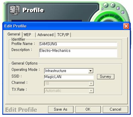 5.1.1 The New button Clicking the New button, you can add or make a new Profile. (Refer to The Program For Setting MagicLAN in the Chapter 4) 5.1.2 The Apply button Select and click a Profile to be used, then the saved or modified profile settings will be used for configuring your WLAN card.