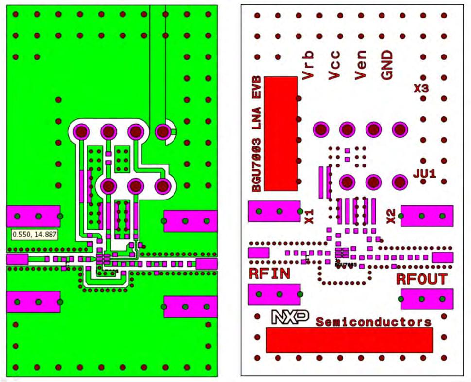 Printed circuit board lay-out of the BGU7003 Universal Evaluation Board.