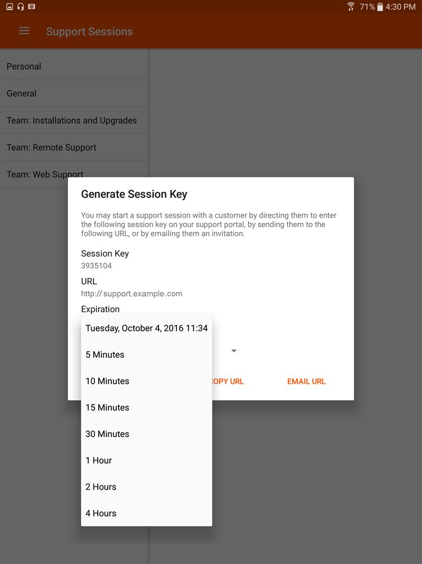 Generate a Session Key to Start a Support Session in the Android Rep Console One method to start a support session is for your customer to submit a one-time, randomly generated session key on your