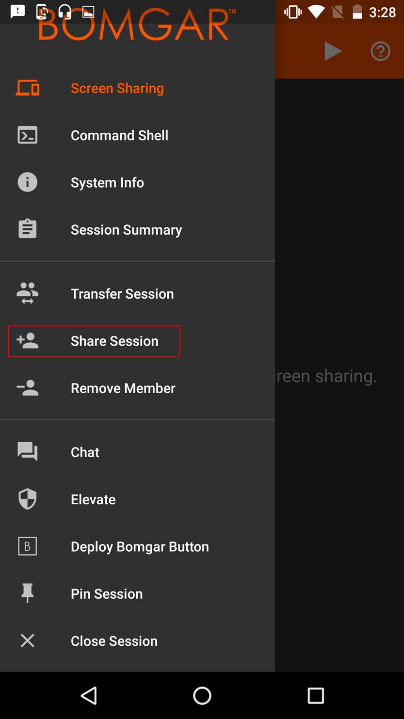 Share a Session with Other Representatives from the Android Rep Console To share a session with another representative, select Share Session from the menu There are several ways you can invite a