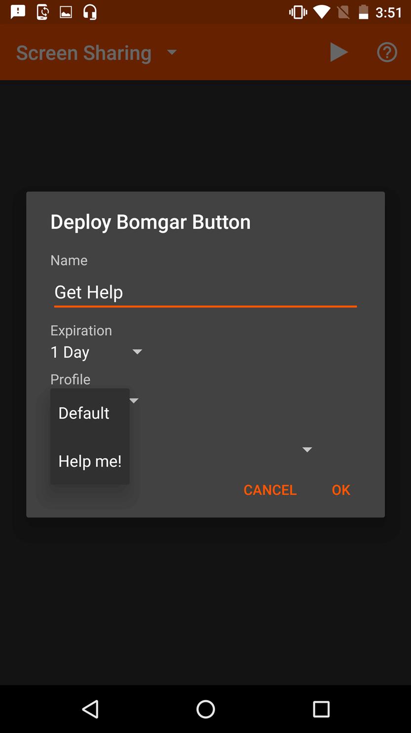 Touch the Profile entry to open a list of Bomgar Button profiles from which you can select.