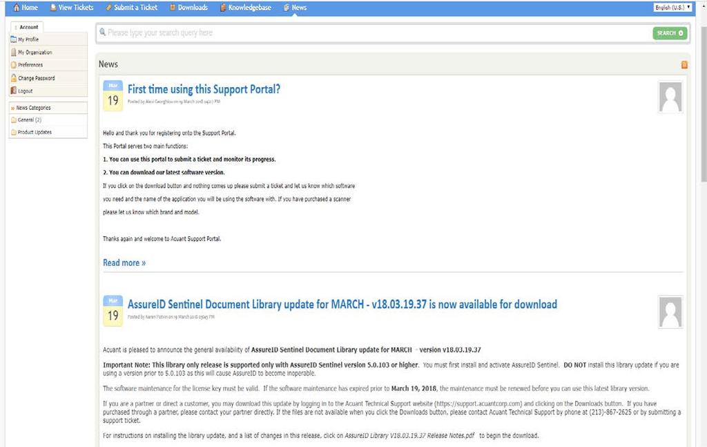 NEWS This section of the support portal shows the current releases and updates of Acuant Software.