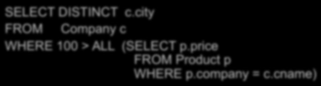 Product ( pname, price, company) Company( cname, city) Universal Quantifiers: ALL SELECT DISTINCT c.
